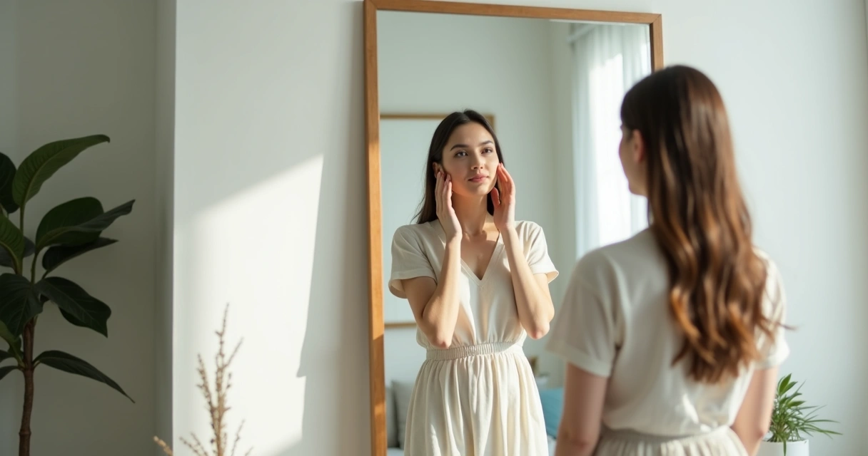 Pessoa se olhando no espelho durante momento de reflexão 