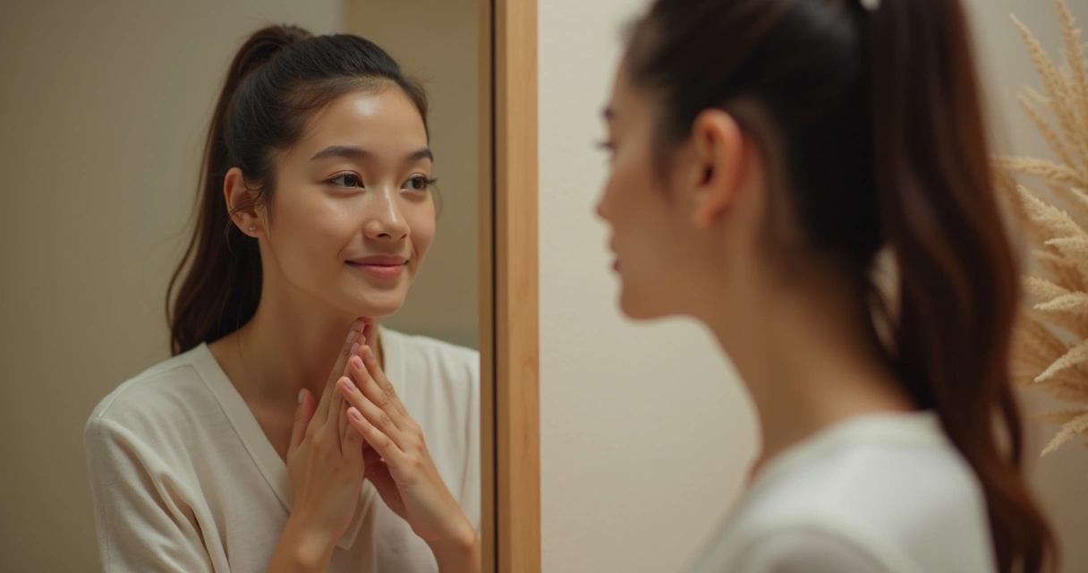 Pessoa olhando para si no espelho com expressão acolhedora 