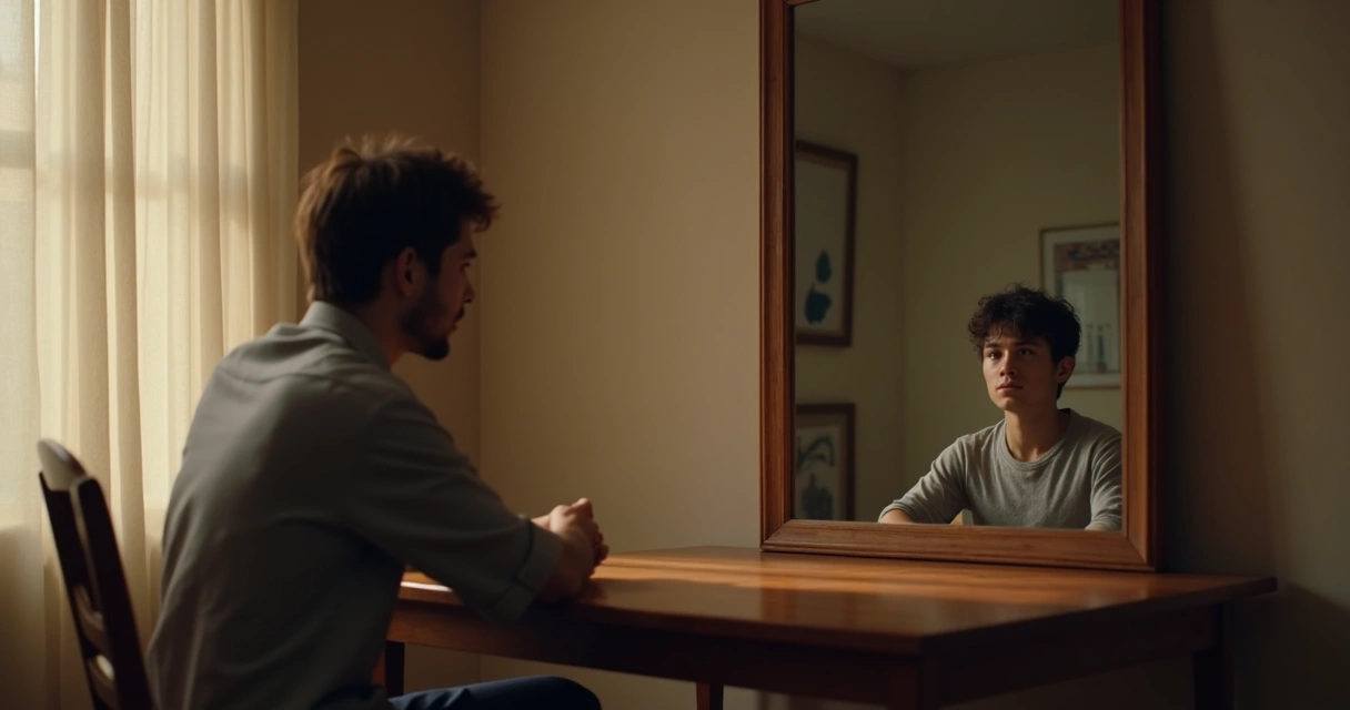 Pessoa pensativa olhando seu próprio reflexo em um espelho