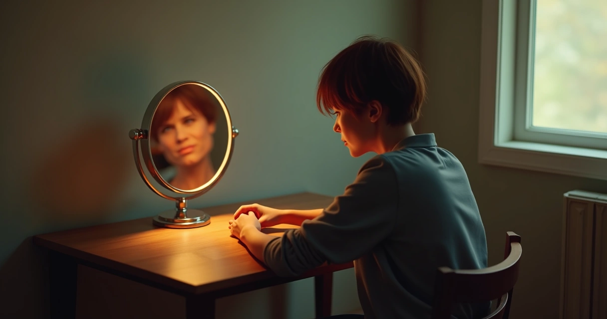 Pessoa olhando para o próprio reflexo em espelho redondo sobre mesa de madeira 