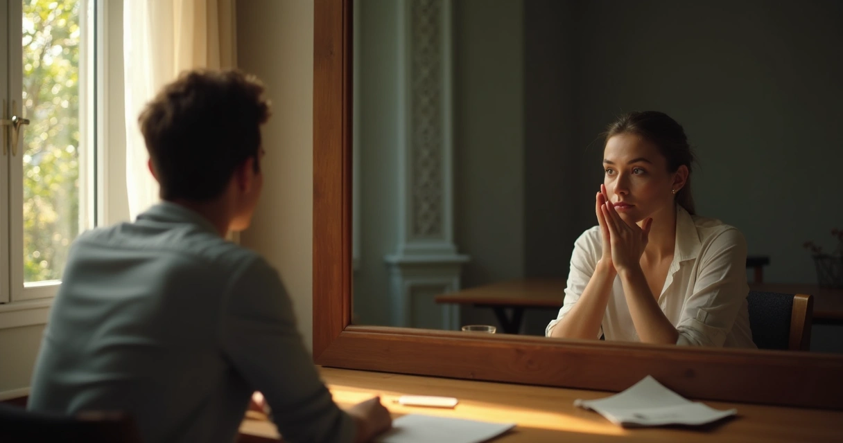 Pessoa olhando para si mesma em um espelho, refletindo em silêncio