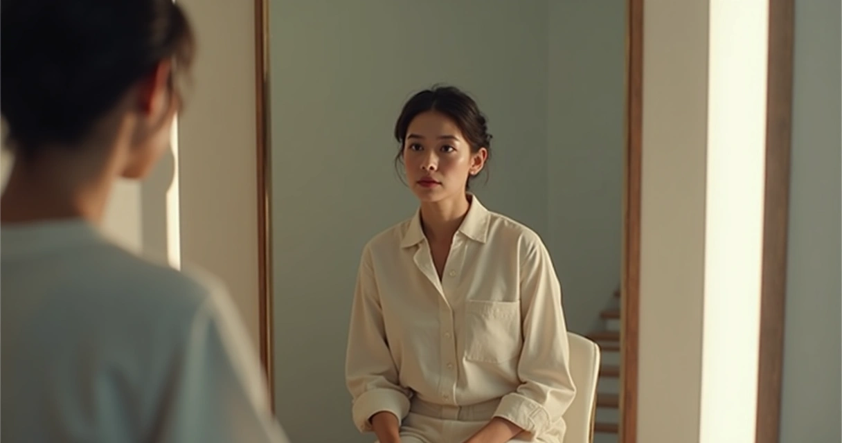 Pessoa diante de um espelho, com expressão pensativa que reflete introspecção 