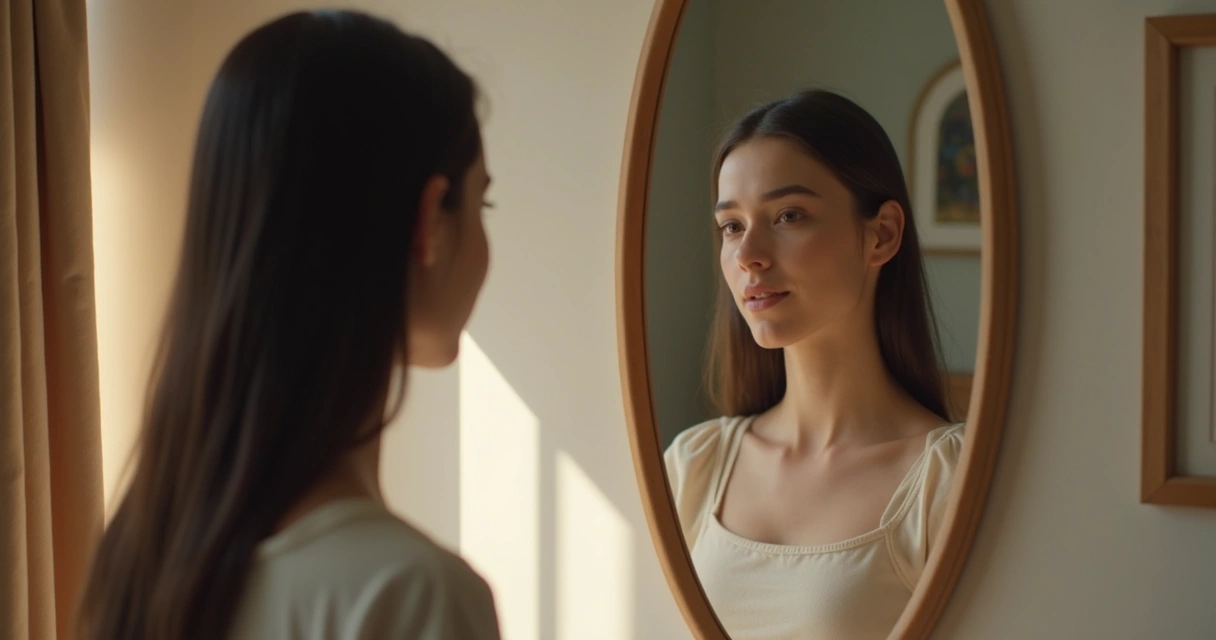 Pessoa olhando para o próprio reflexo em um espelho em ambiente tranquilo 