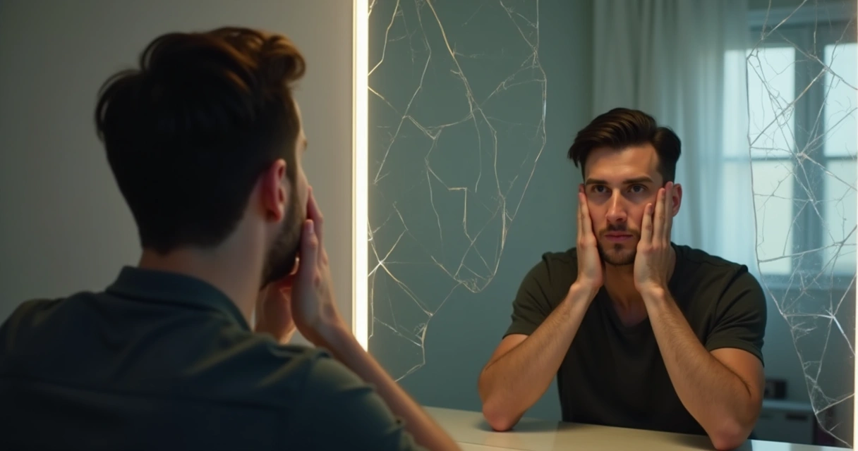 Homem sentado em frente ao espelho, mãos no rosto, aparência pensativa 