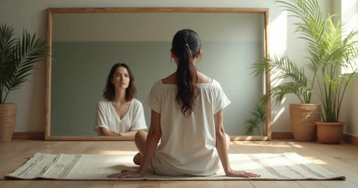 Pessoa sentada em frente ao espelho, pensativa