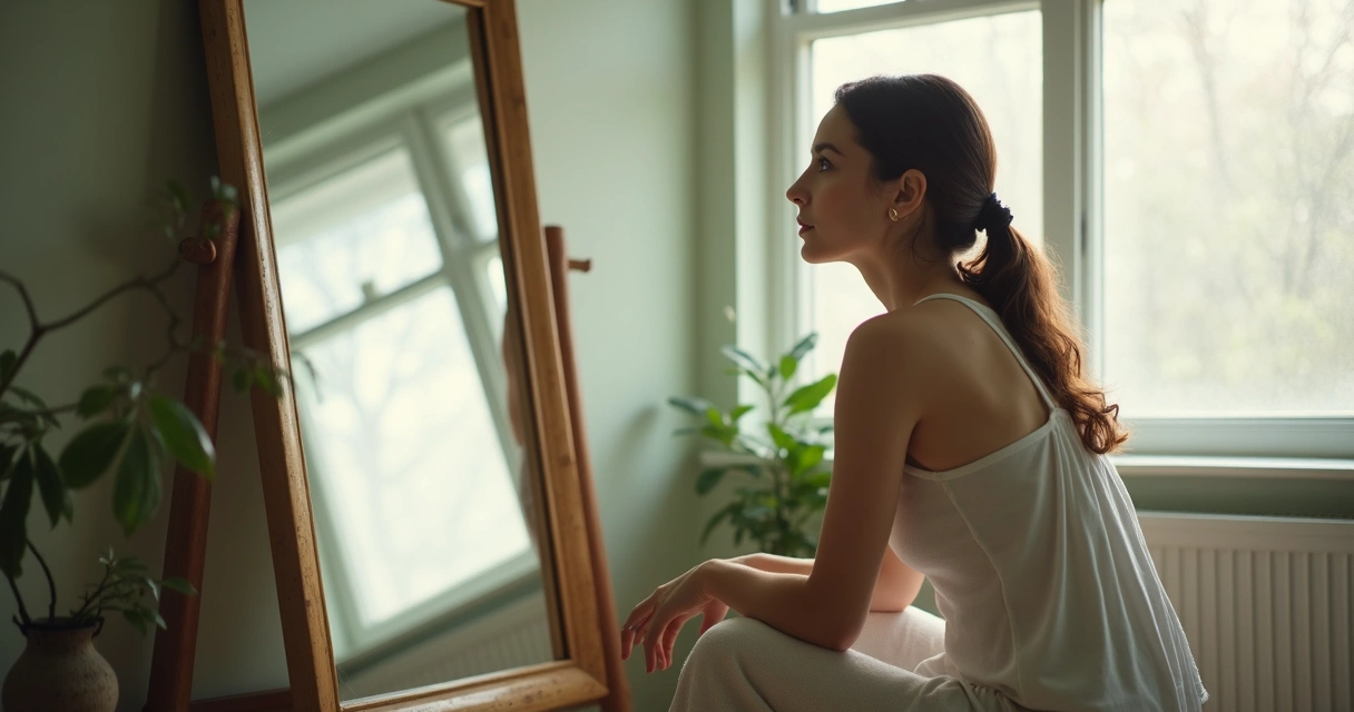 Mulher olhando reflexiva para o espelho 
