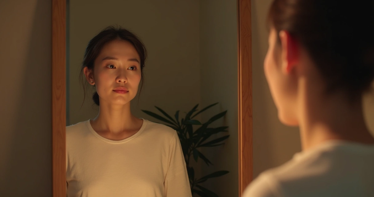 Pessoa olhando seu reflexo no espelho de maneira pensativa. 