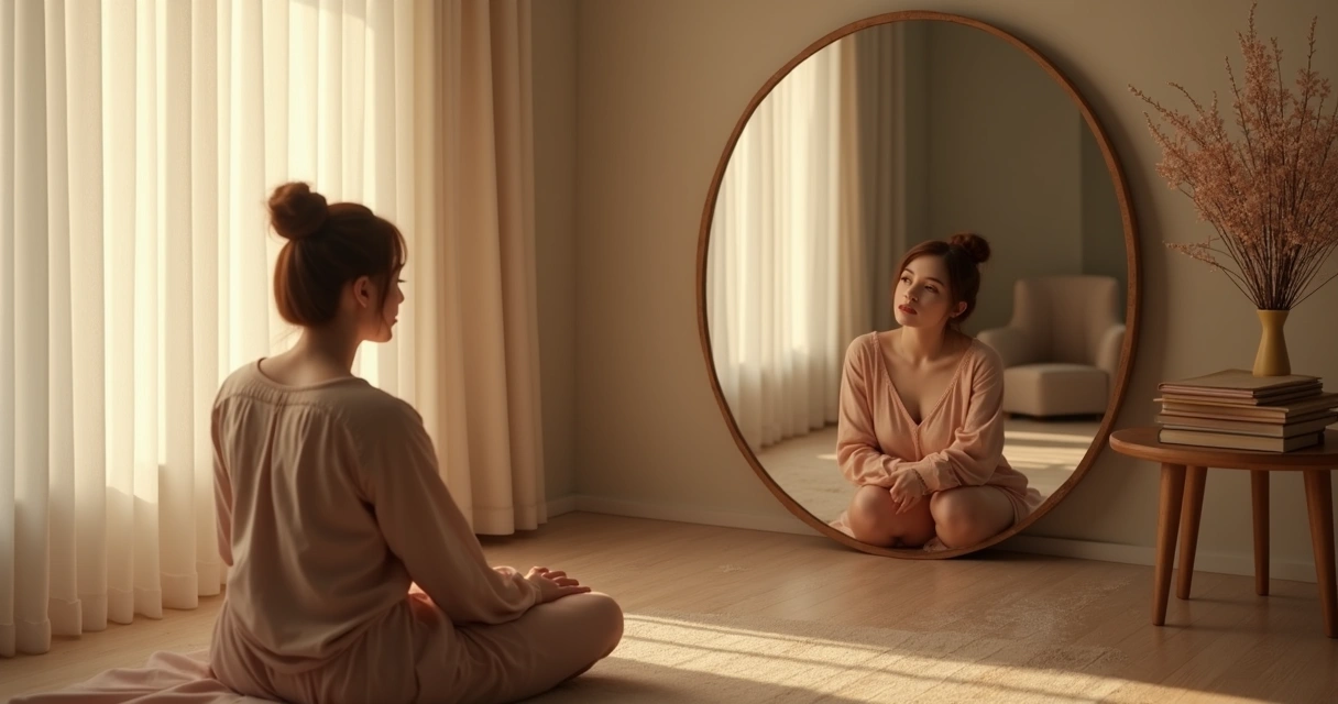 Mulher olha para seu reflexo em um espelho, sentada em ambiente tranquilo