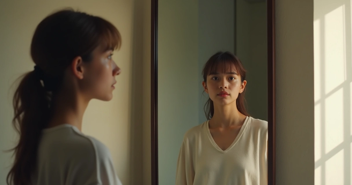 Pessoa olhando para o espelho, refletindo sobre si mesma 