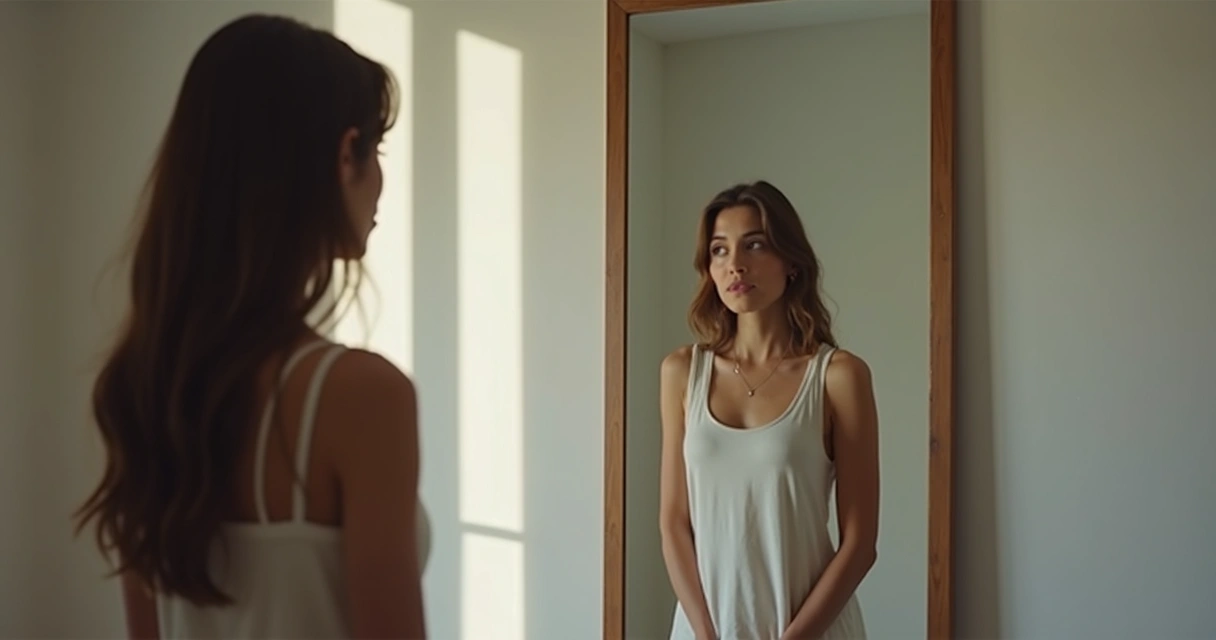 Pessoa olhando para o próprio reflexo em um espelho grande. 