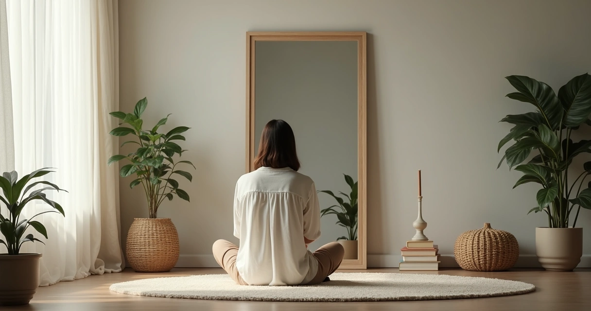 Pessoa sentada em frente a um espelho grande, olhando para o próprio reflexo em um ambiente tranquilo 