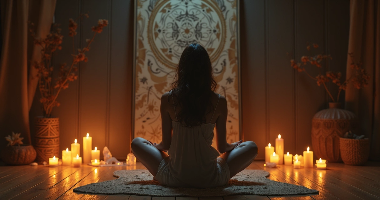 Reflexão espiritual diante de espelho com velas acesas na penumbra 