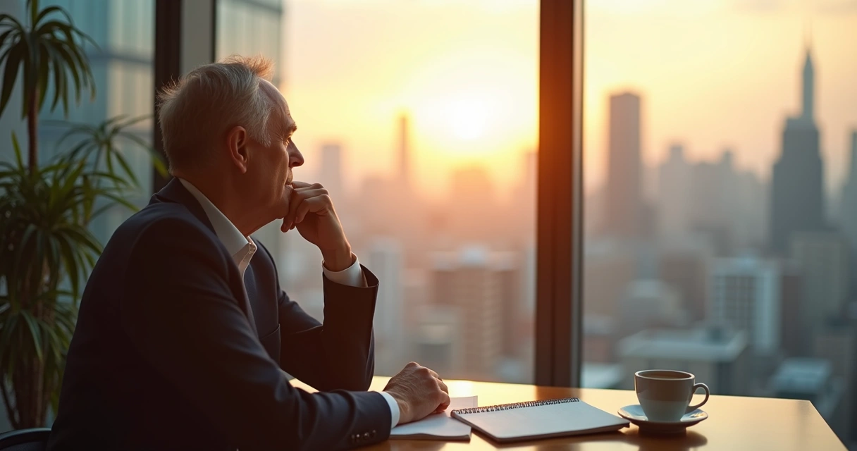 Pessoa olhando pela janela de escritório, em momento de reflexão