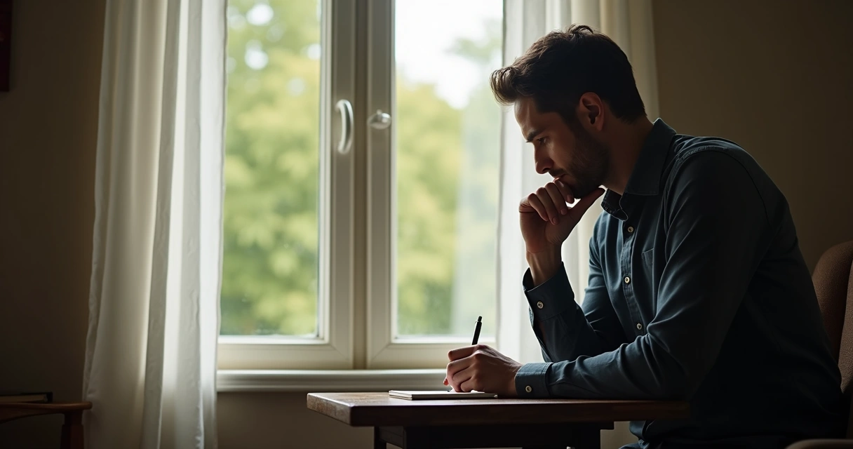 Homem sentado refletindo sozinho com bloco de notas, cercado por luz natural 