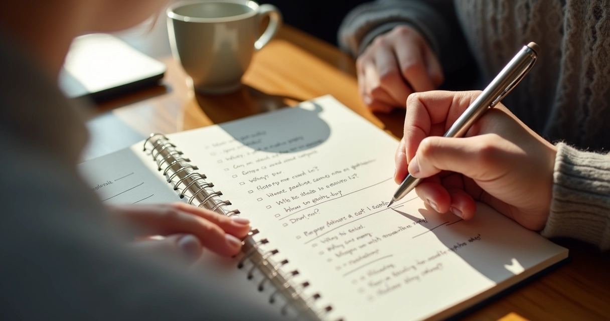 Pessoa escrevendo perguntas de reflexão ética em um caderno