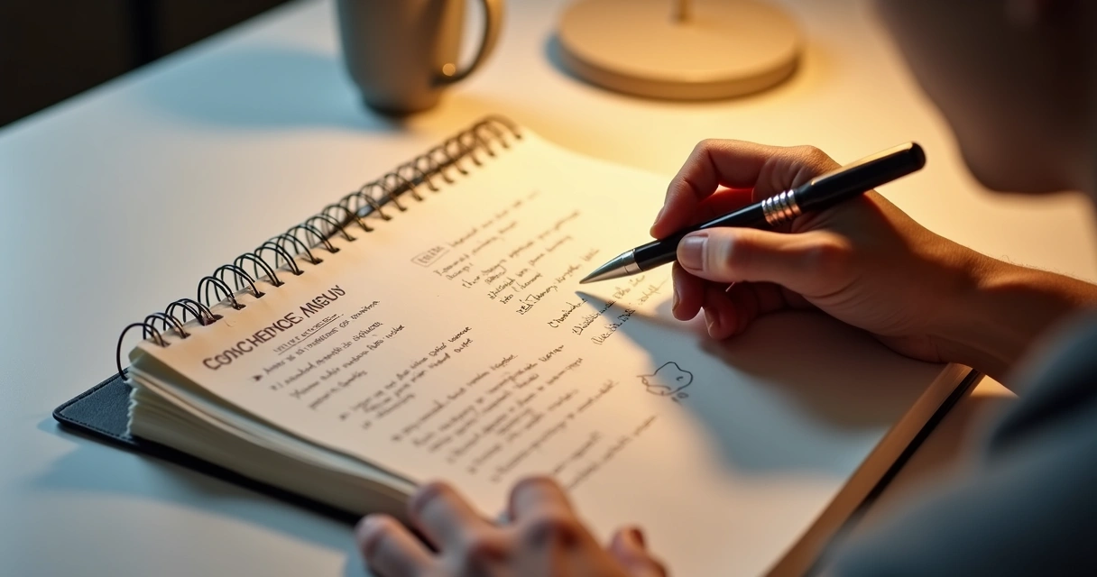 Caderno aberto com anotações e mãos refletindo sobre escolhas 