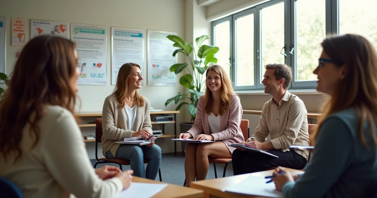 Grupo de pessoas em círculo discutindo ativamente ética e escolhas em sala bem iluminada. 