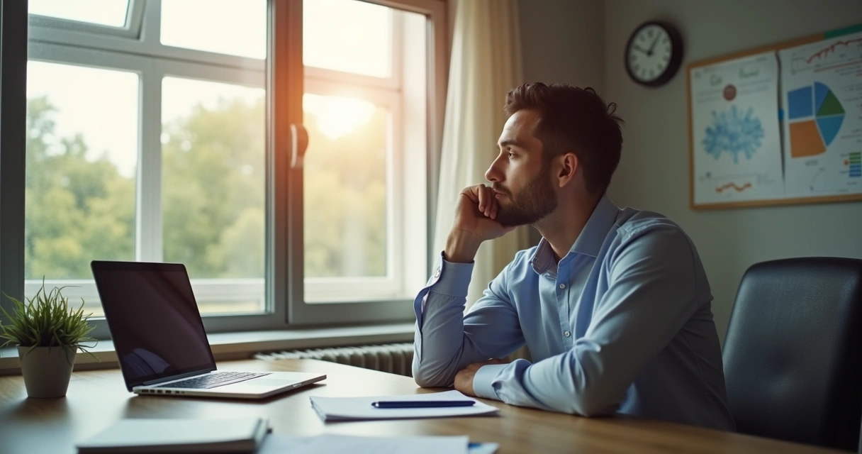 Funcionário sentado em um escritório olhando pela janela, refletindo 