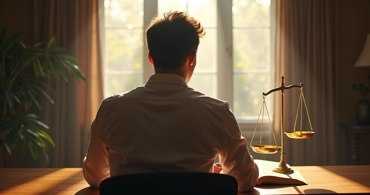 Pessoa olhando para uma balança dourada sobre a mesa, pensativa, ao lado de livros abertos 