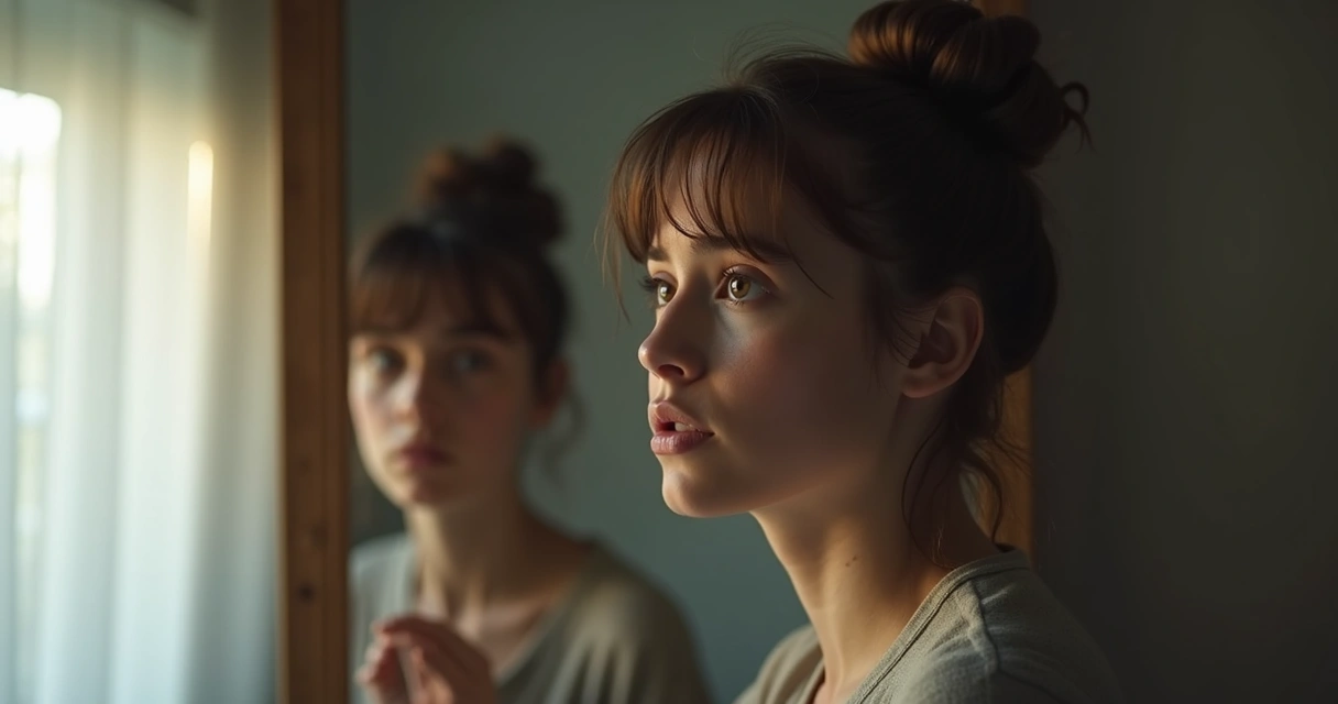 Pessoa refletindo diante de espelho com expressão séria. 