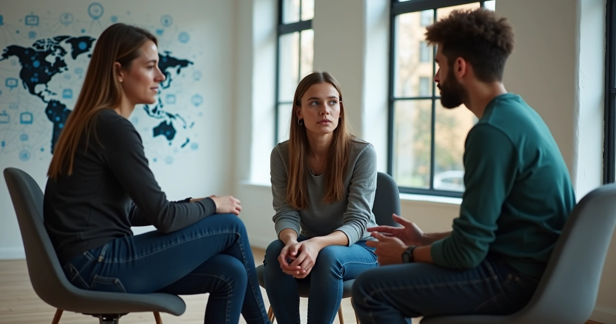 Três jovens adultos sentados em círculo, refletindo em um local moderno e iluminado, mapas e símbolos globais em volta 