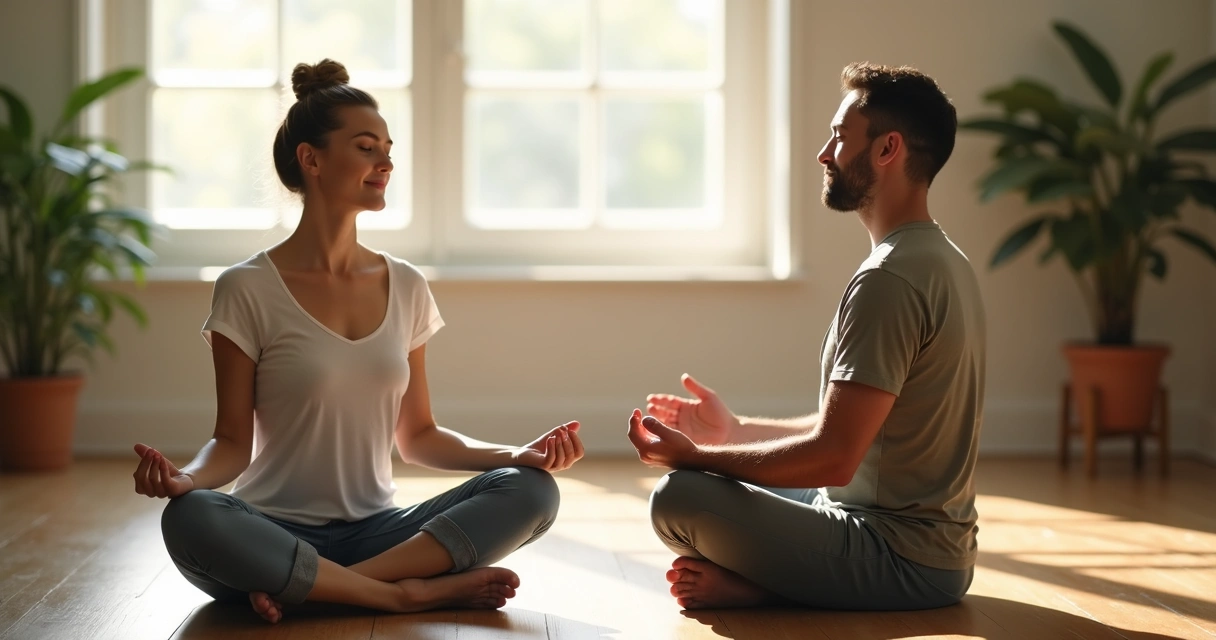 Pessoa sentada de olhos fechados, mãos unidas no colo em gesto de meditação, ambiente de cores neutras e luz suave 