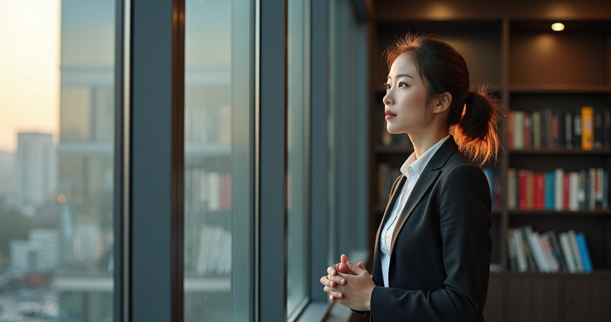 Pessoa olhando pela janela do escritório, refletindo 