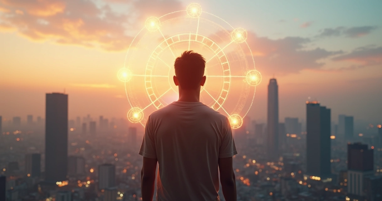 Pessoa contemplando horizonte de cidade ao amanhecer simbolizando evolução de consciência em 2026 