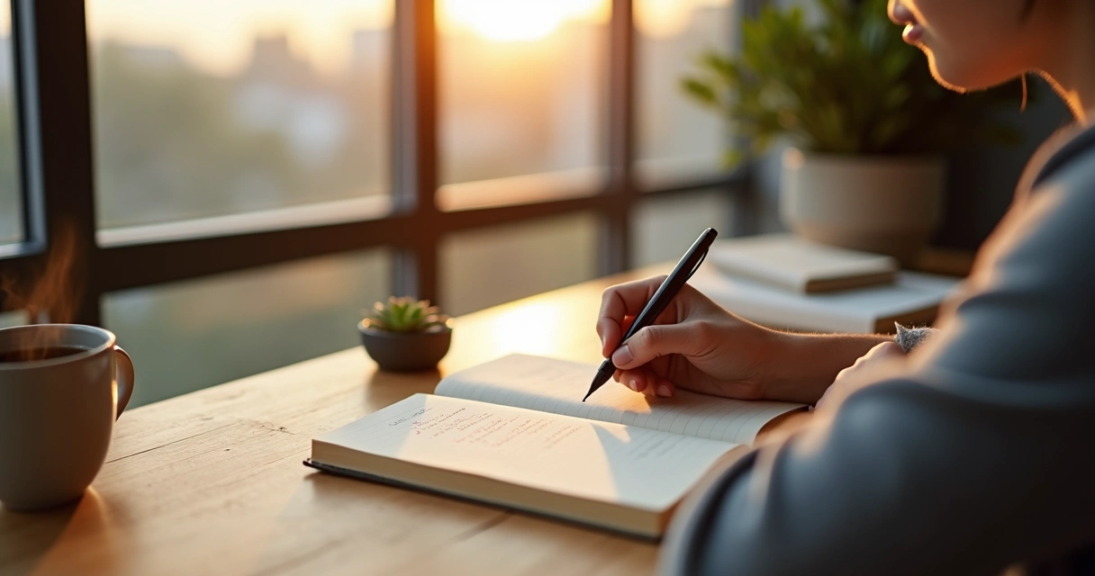 Pessoa escrevendo em caderno durante momento de reflexão sobre evolução pessoal 