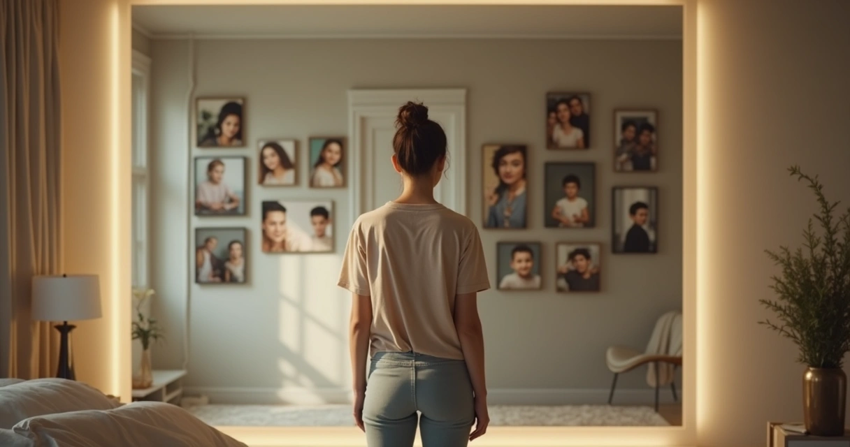 Pessoa refletindo diante de um espelho pensando na família 