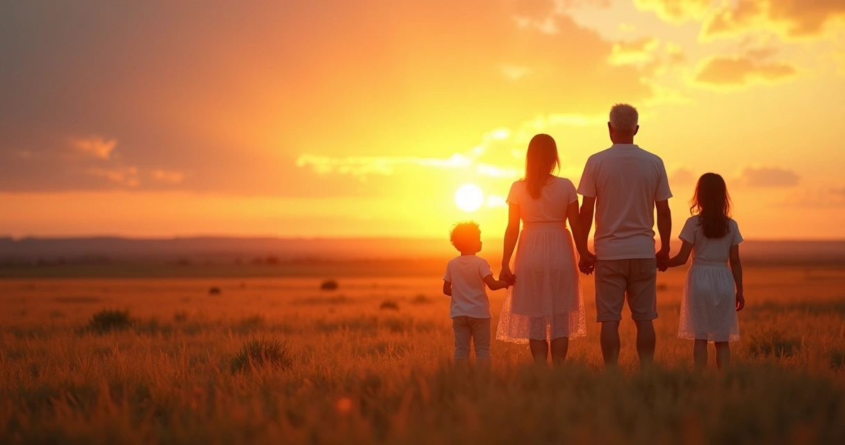 Família contemplando o pôr do sol unida 