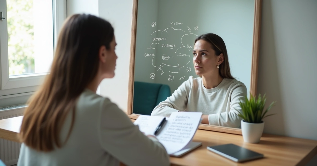 Pessoa refletindo diante do espelho com anotações de feedback ao fundo 
