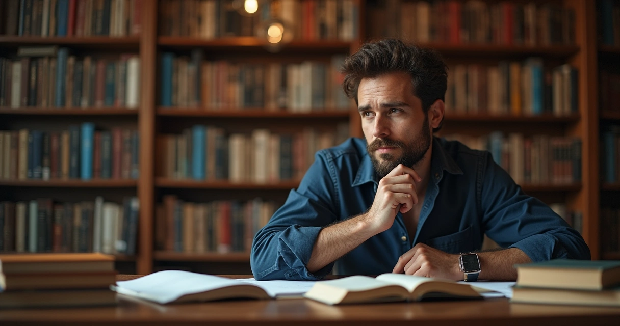 Pessoa em posição de reflexão com fundo de livros e luz suave 