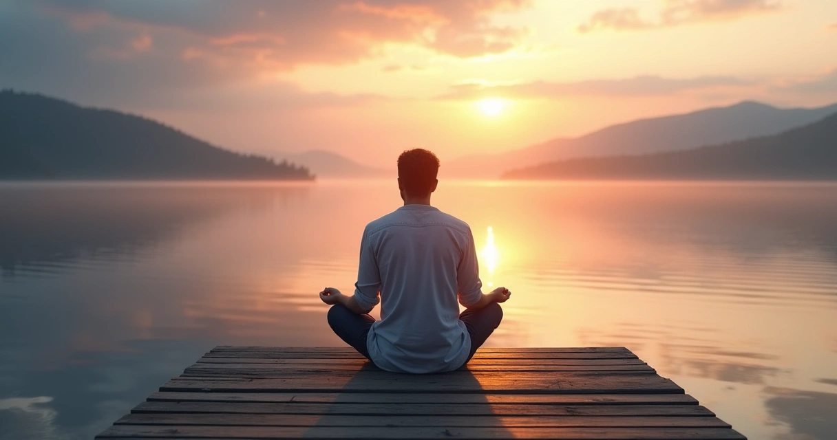 Pessoa sentada em frente ao lago ao pôr do sol refletindo em silêncio 