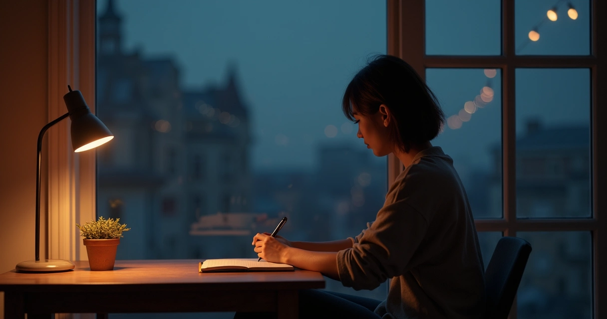 Pessoa sentada em frente à janela à noite, anotando em um caderno 