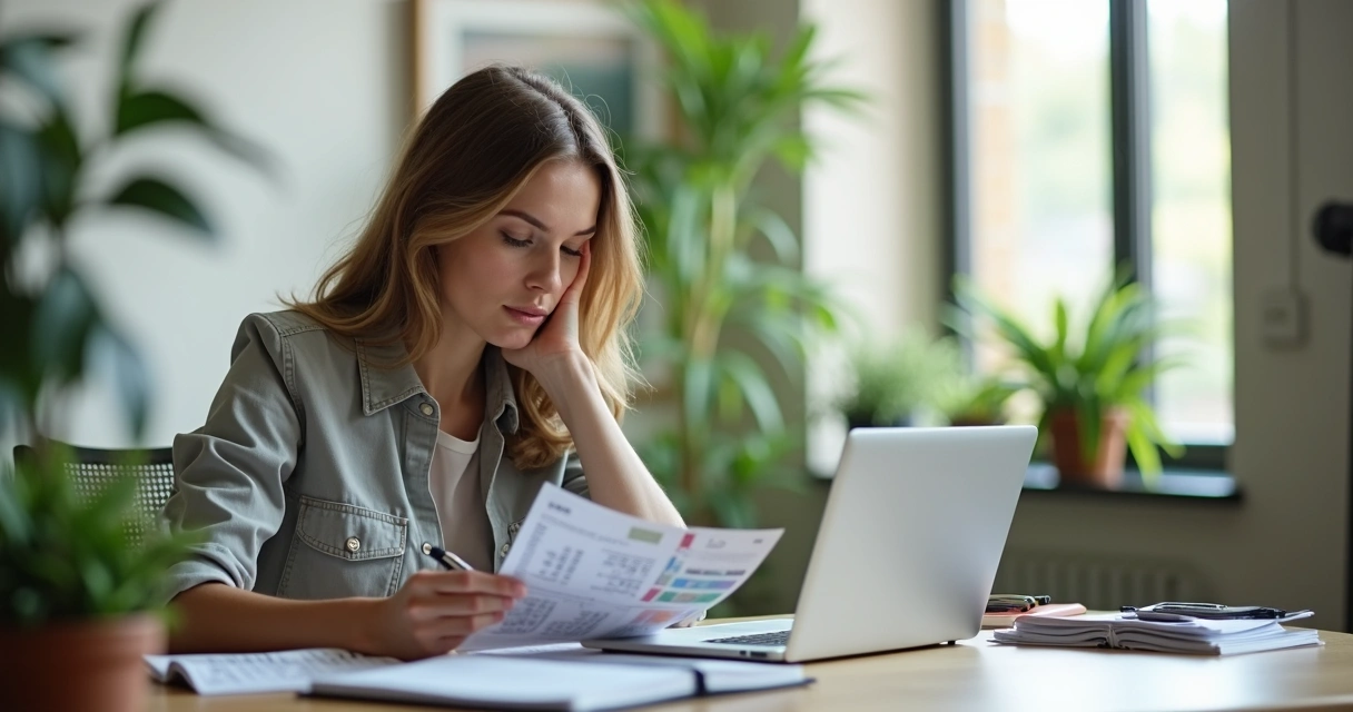 Mulher sentada à mesa com expressão de reflexão, papel e caneta sobre contas e orçamento, ambiente de escritório bem iluminado 