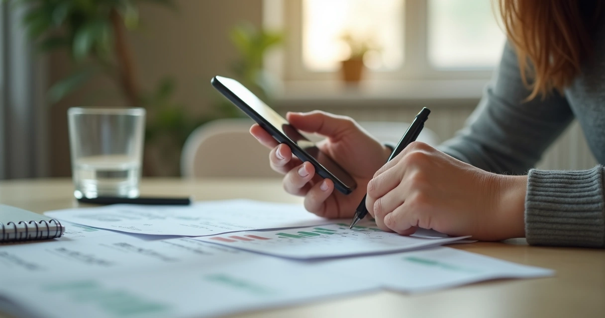 Pessoa revisando despesas no celular com papéis e luz suave