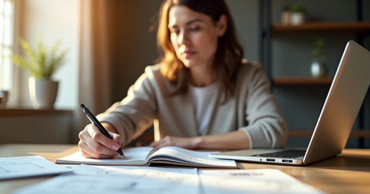 Pessoa refletindo sobre finanças pessoais com caderno e caneta