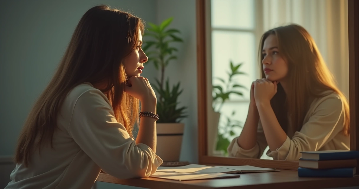 Mulher sentada em frente a um espelho reflexivo com expressão pensativa 