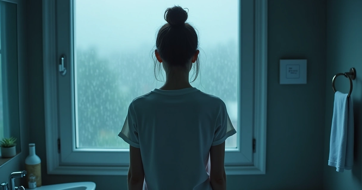 Pessoa olhando para o próprio reflexo com expressão pensativa 