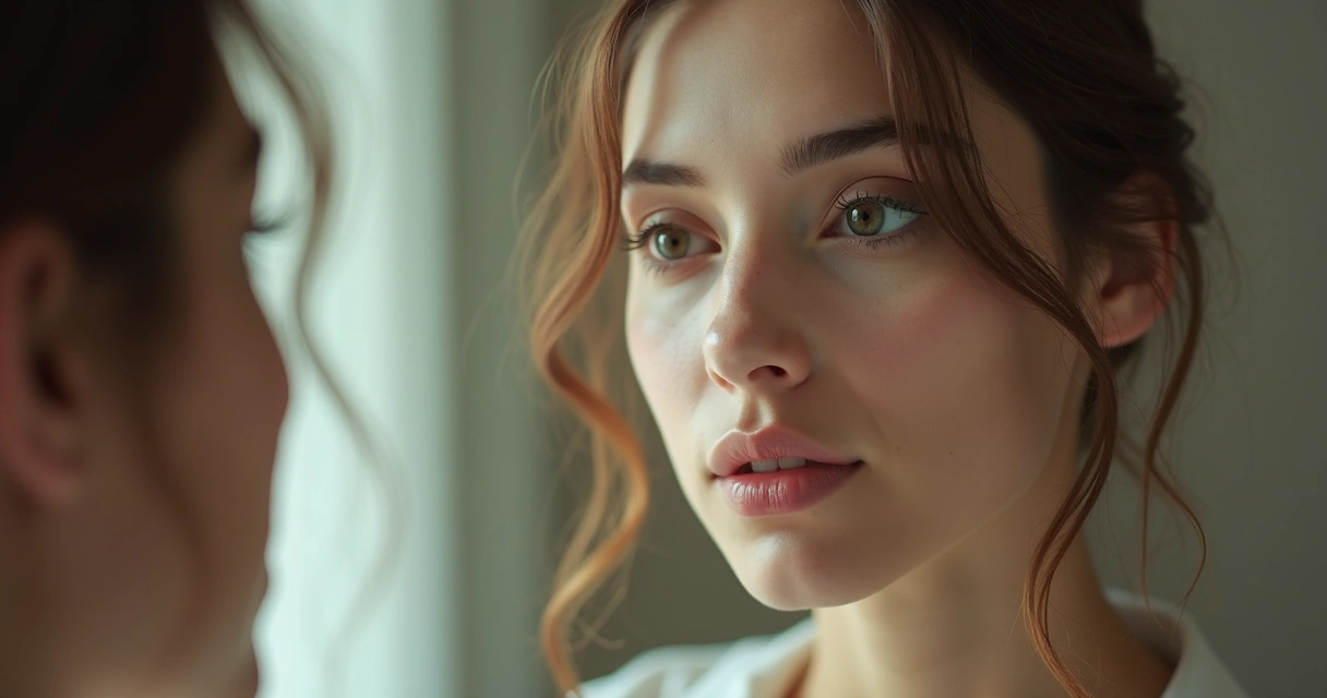 Mulher olhando para o espelho com expressão serena e gentil