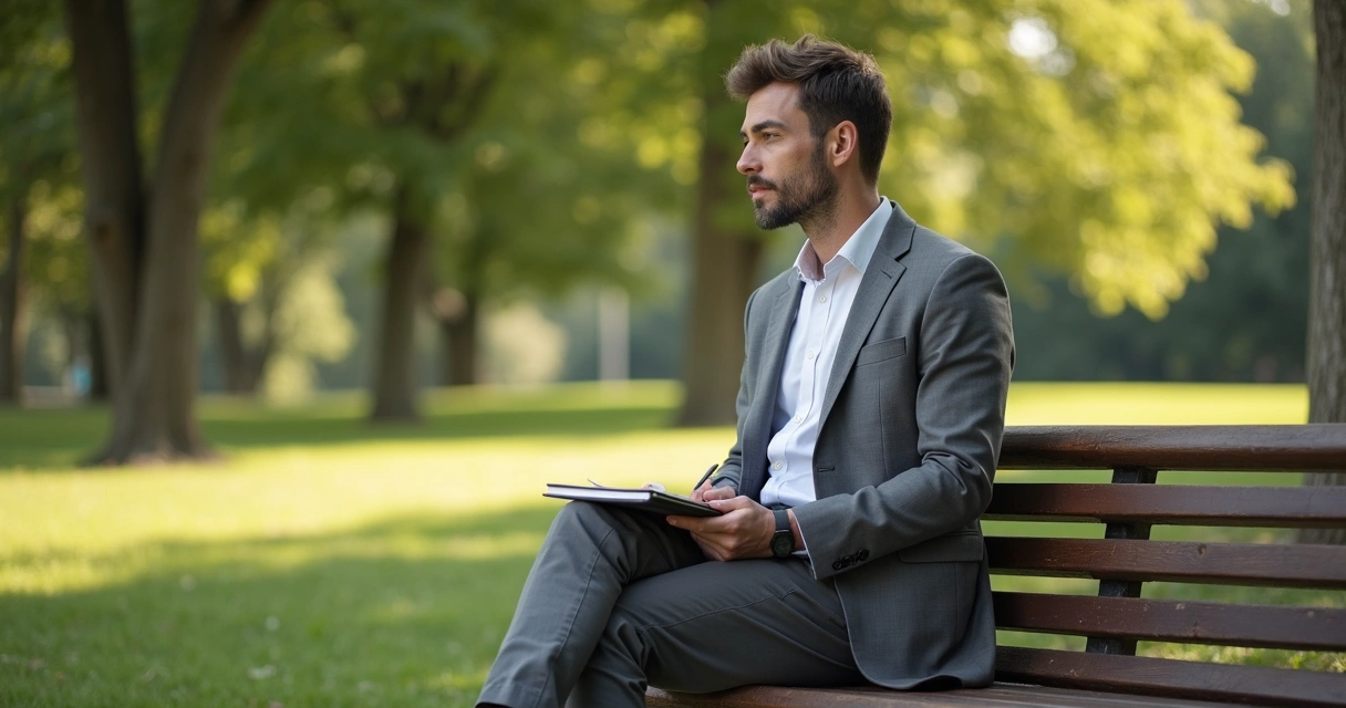 Gestor sentado ao ar livre em momento de reflexão