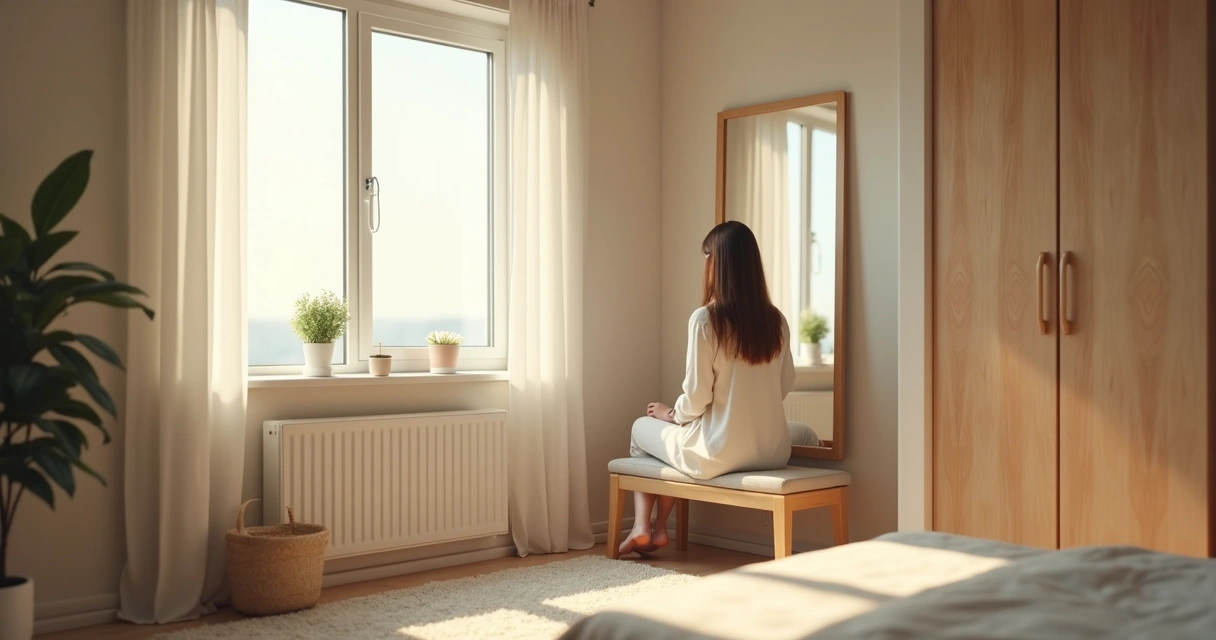 Pessoa refletindo diante de um espelho largo com expressão calma. 