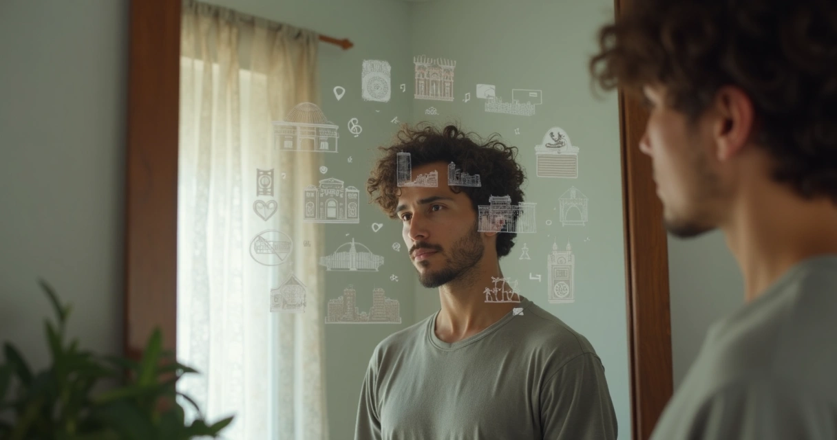 Pessoa diante do espelho com camadas simbólicas ao redor 
