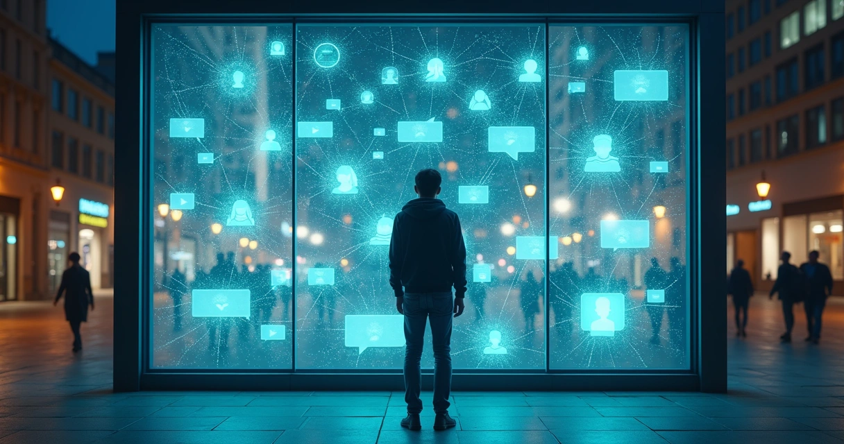 Pessoa olha vitrine digital com reflexos de conversas em rede 