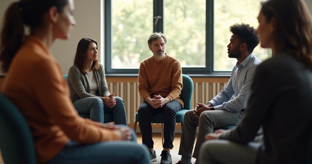 Pessoa refletindo diante de um grupo reunido em círculo em uma sala iluminada 