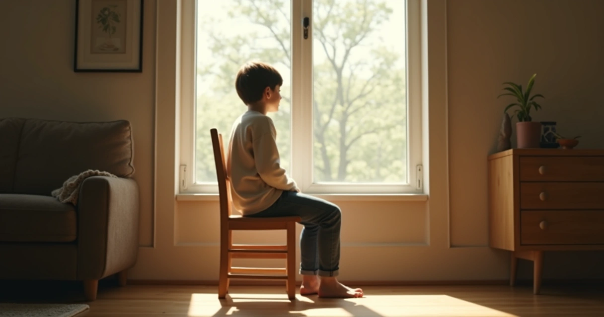Pessoa sentada em ambiente simples, olhando pensativa para fora da janela 