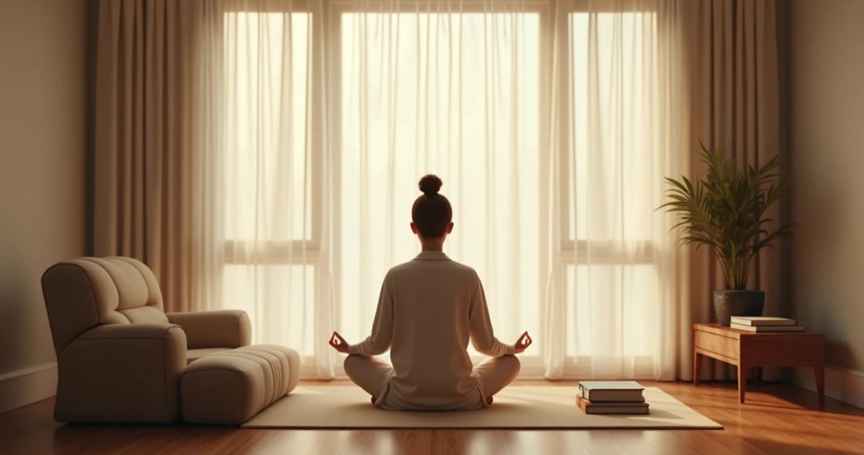 Pessoa sentada em postura meditativa, refletindo sozinha em um ambiente tranquilo 