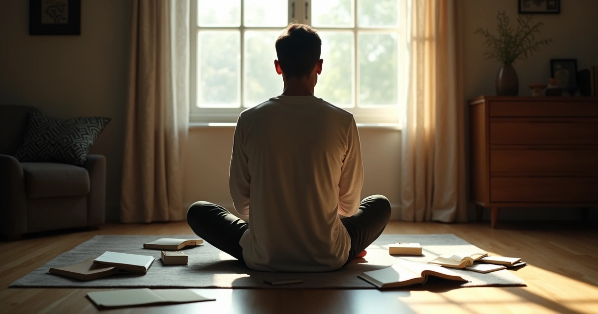 Pessoa sentada refletindo diante do vidro, cercada de livros e anotações