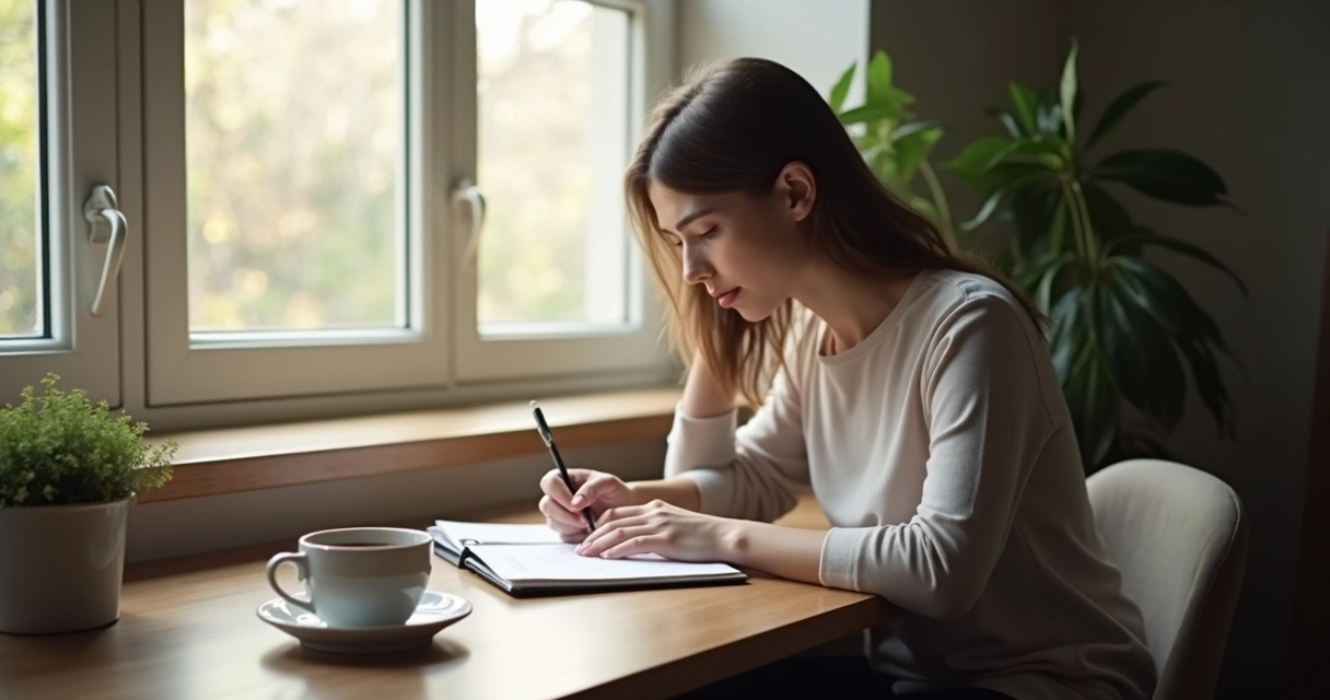 Pessoa sentada escrevendo em um caderno, ambiente tranquilo 